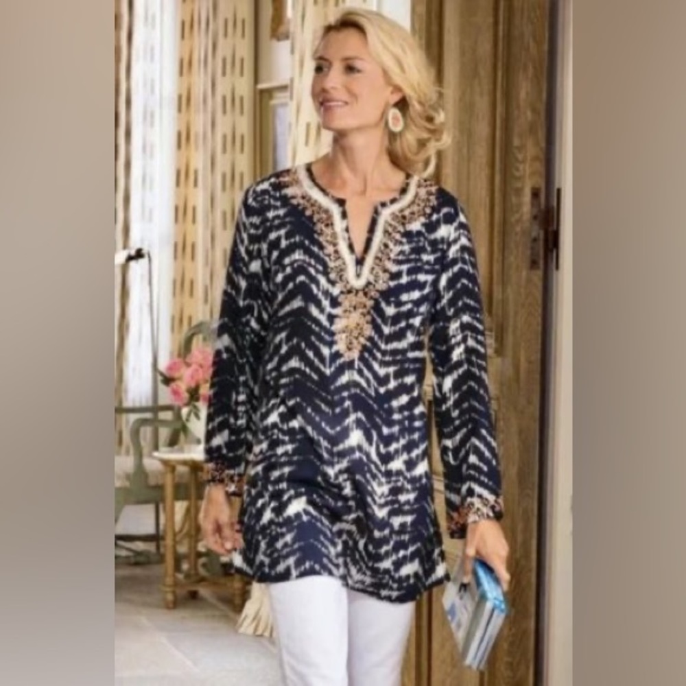 Soft Surroundings Navy and White Printed Embroidered Tunic